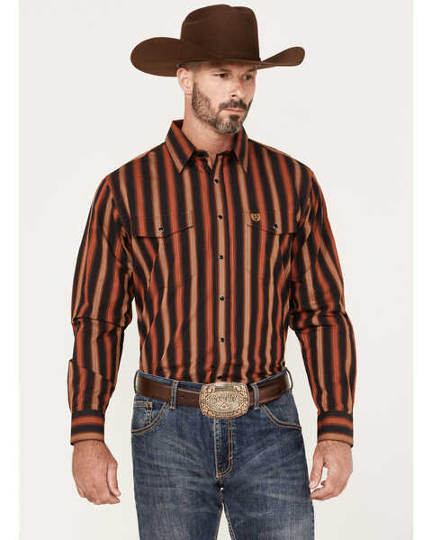 Image #1 - Panhandle Select Men's Serape Stripe Long Sleeve Snap Western Shirt, Rust Copper, hi-res