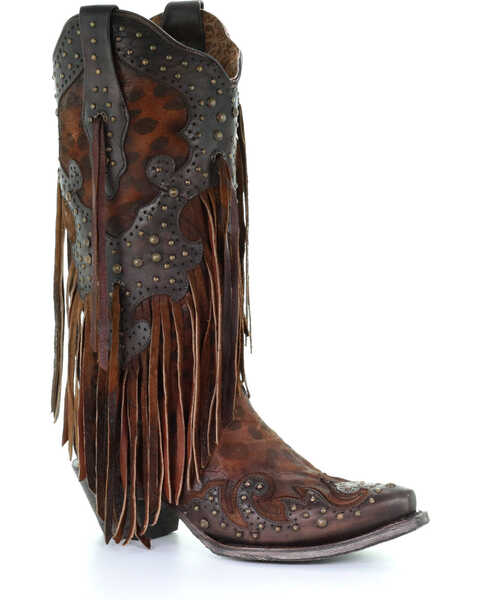 Image #1 - Corral Women's Leopard Stud & Fringe Western Boots - Snip Toe, Honey, hi-res