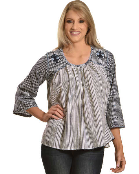 Image #1 - New Direction Sport Women's Embroidered Flare Sleeve Top, Blue, hi-res