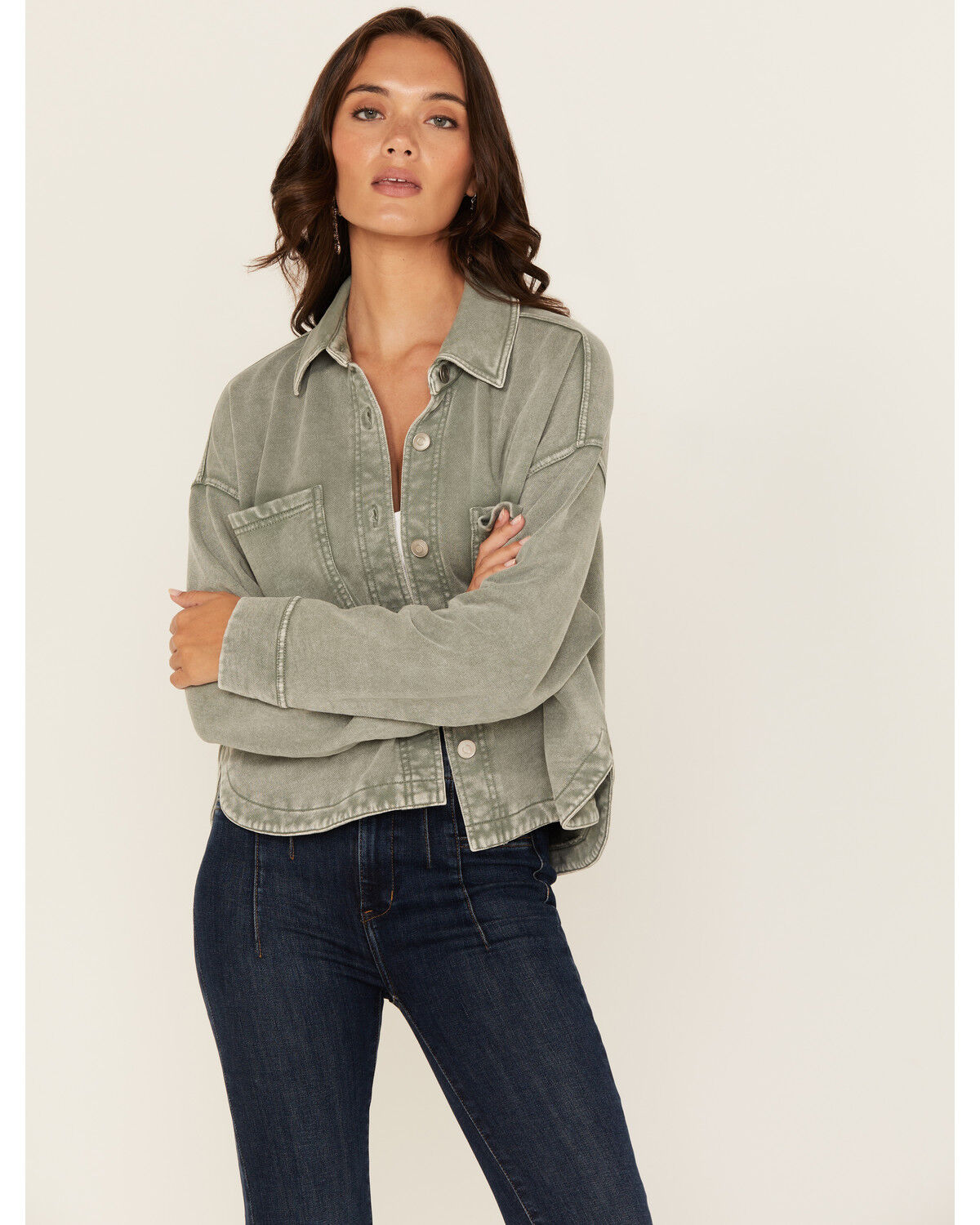 Image #1 - White Crow Women's Washed Cropped Knit Shacket, Green, hi-res