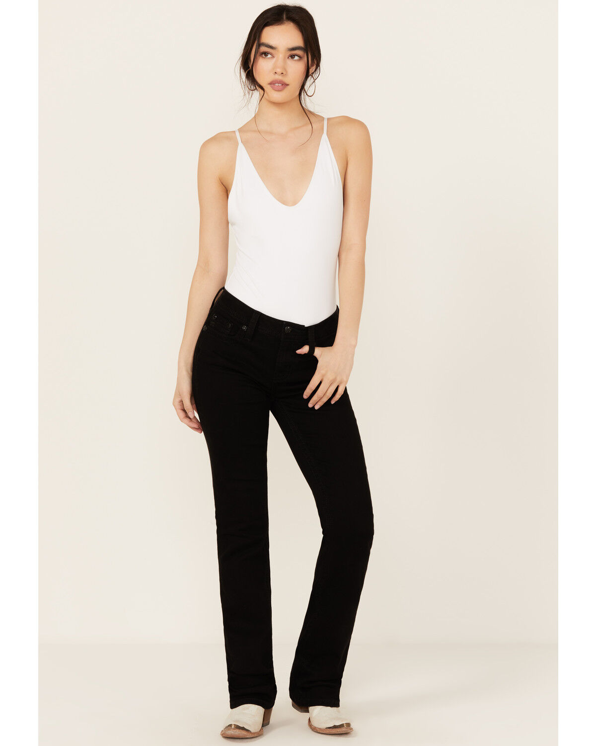 Image #3 - Miss Me Women's Mid Rise Wing Pocket Bootcut Stretch Denim Jeans, Black, hi-res