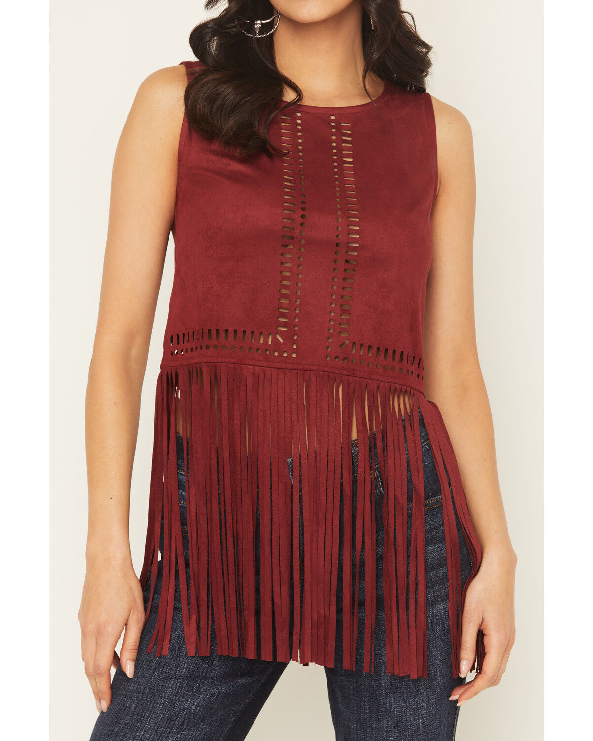Image #3 - Idyllwind Women's Whitsett Cutout Faux Suede Fringe Tank Top, Cherry, hi-res