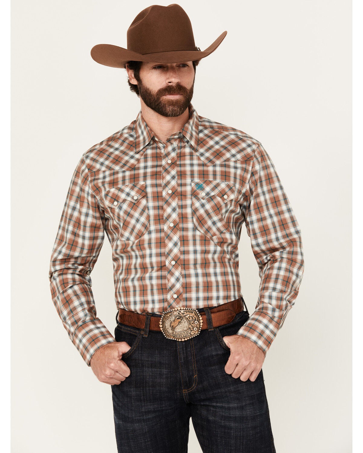 Wrangler Retro Men's Plaid Print Long Sleeve Snap Western Shirt, Brown, hi-res