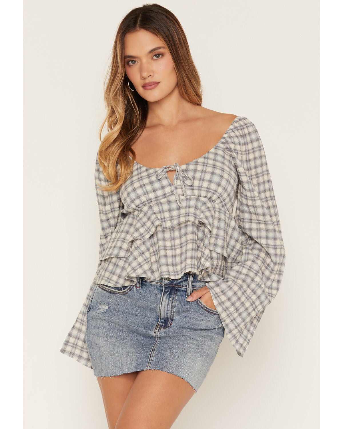 Cleo + Wolf Women's Plaid Print Long Sleeve Peplum Top, Blue, hi-res