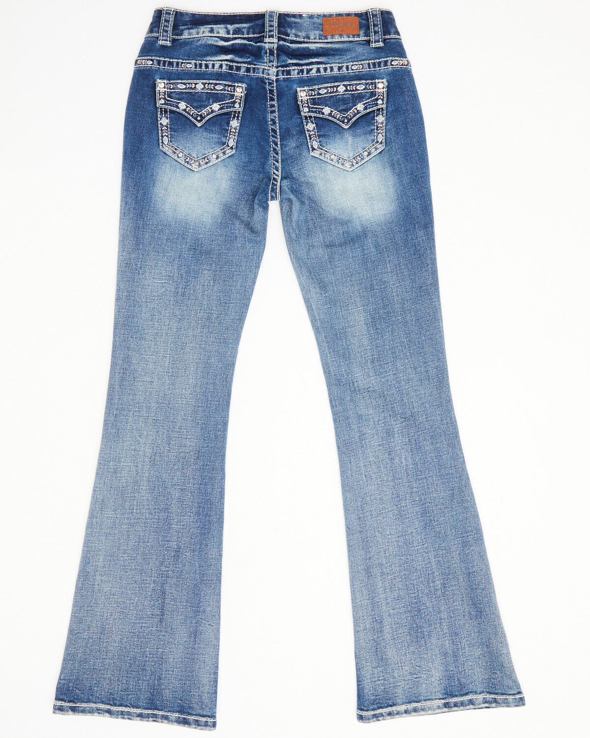 Image #3 - Shyanne Girls' Light Embroidered Faux Flap Pocket Bootcut Jeans, Blue, hi-res