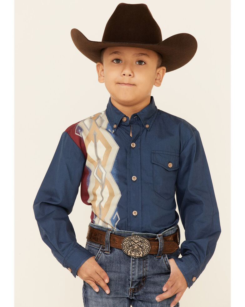Roper Boys' Vintage Arrow Vertical Border Print Long Sleeve Button-Down Western Shirt , Blue, hi-res