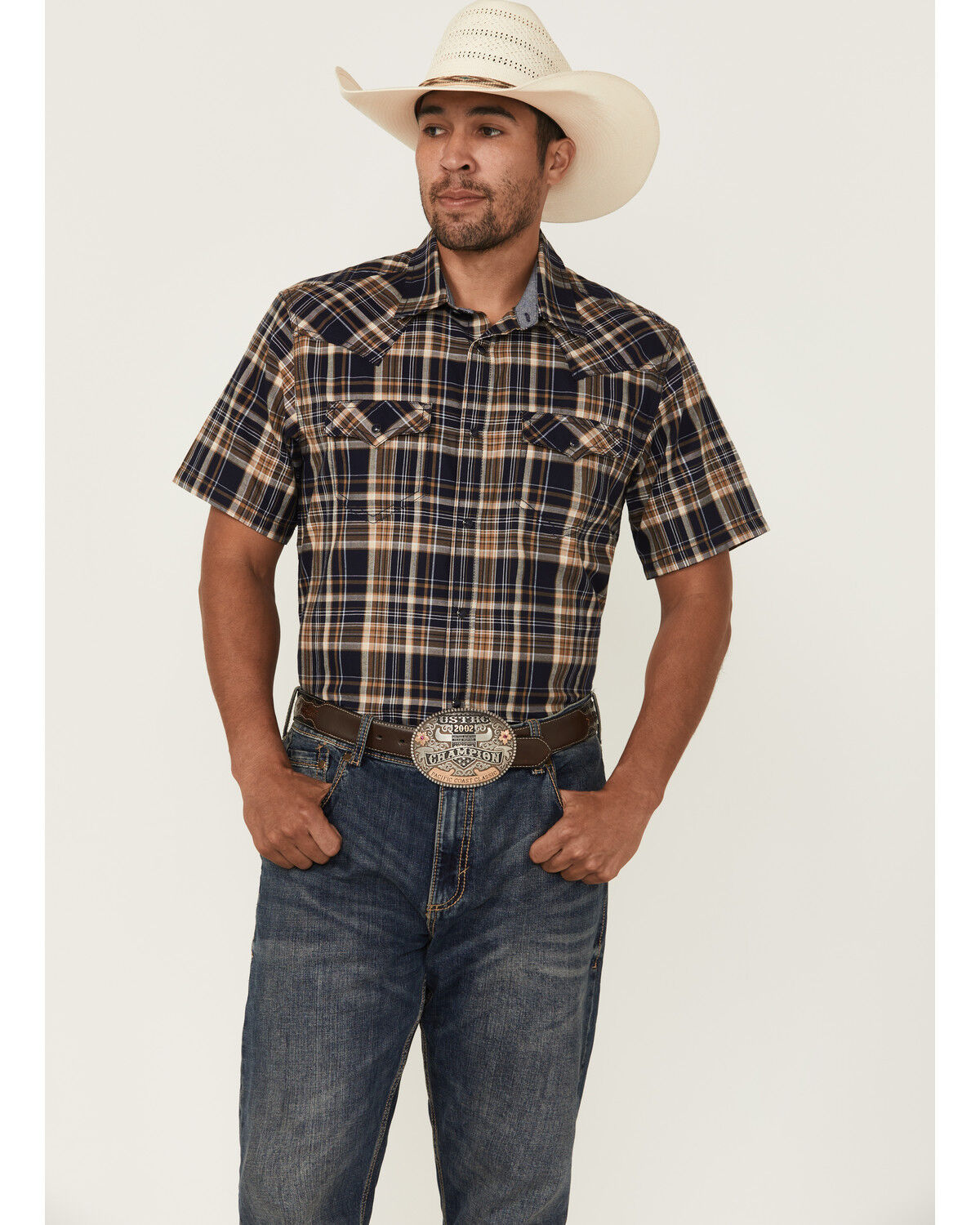 Image #1 - Cody James Men's Rustic Rodeo Plaid Print Short Sleeve Snap Western Shirt, Navy, hi-res