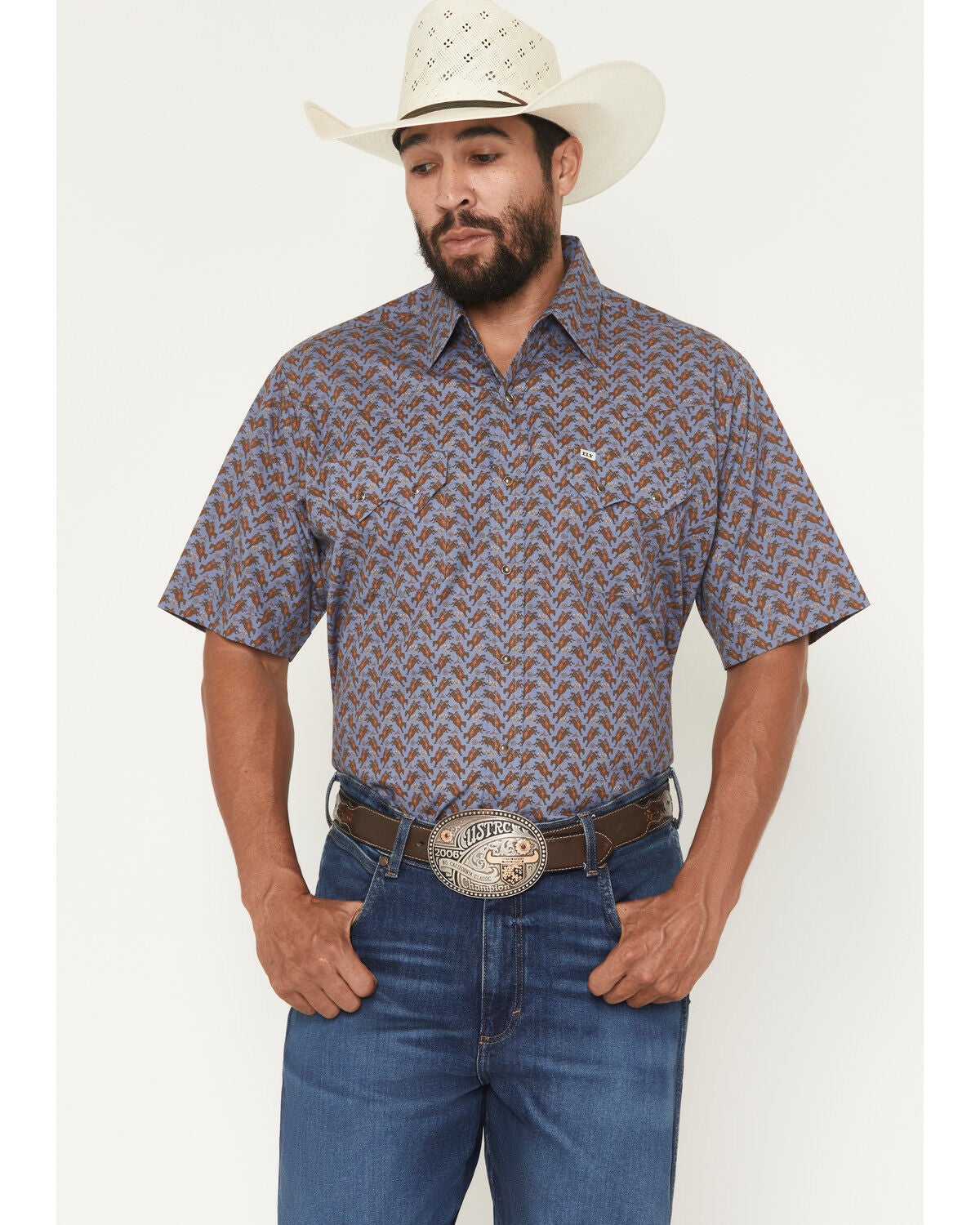 Ely Walker Men's Boot Barn Exclusive Cowboy Print Short Sleeve Snap Western Shirt, Blue, hi-res