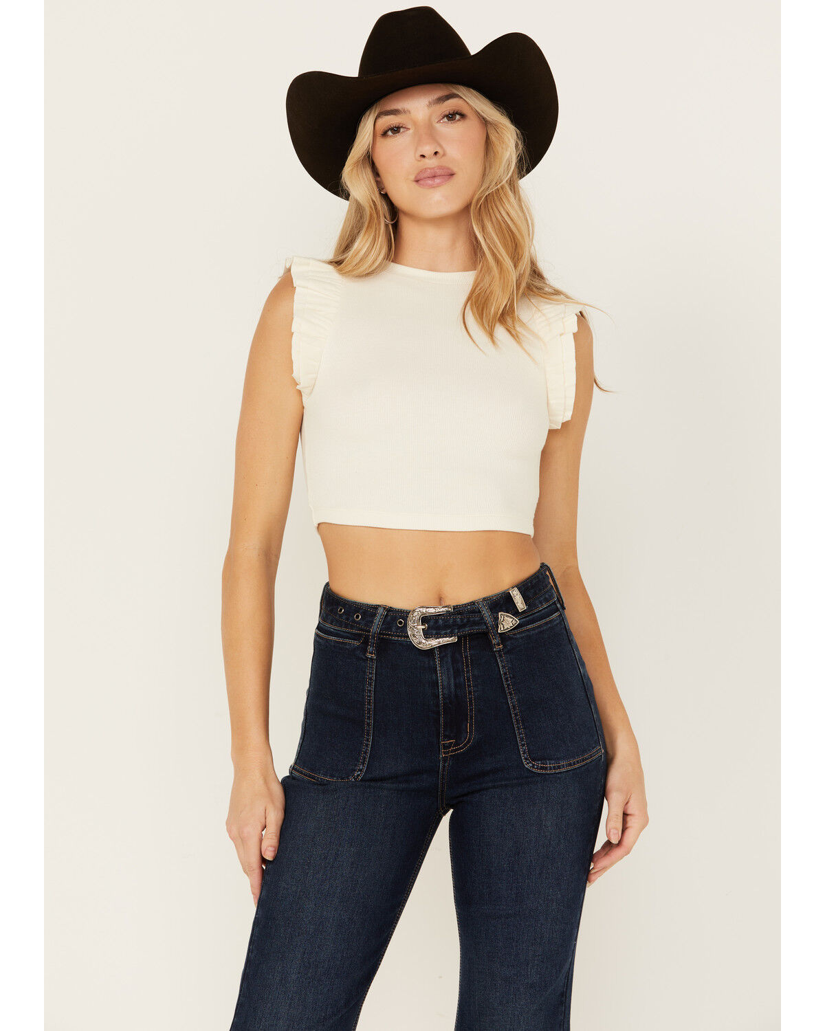 Image #1 - Shyanne Women's Ruffle Sleeve Ribbed Cropped Top, Cream, hi-res