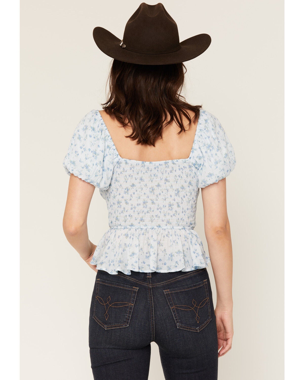 Image #4 - Ash & Violet Women's Ditsy Floral Smocked Short Sleeve Shirt, Blue, hi-res