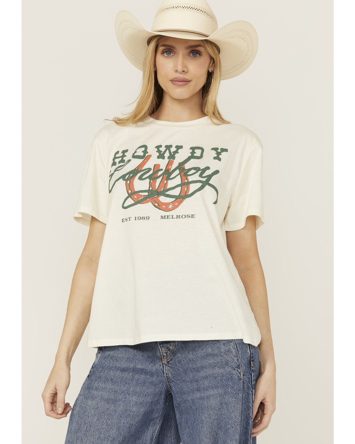 Image #1 - Blended Women's Howdy Cowboy Short Sleeve Graphic Tee, Cream, hi-res