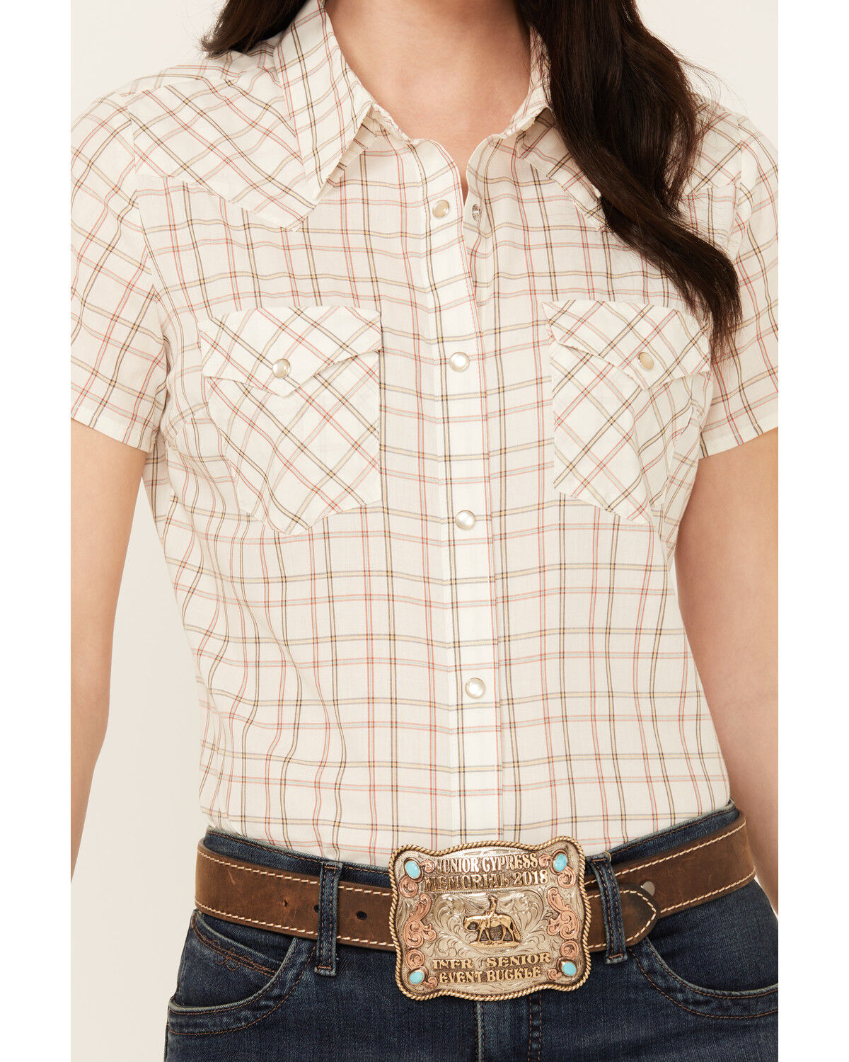 Image #3 - Wrangler Women's Plaid Print Short Sleeve Pearl Snap Western Shirt, , hi-res