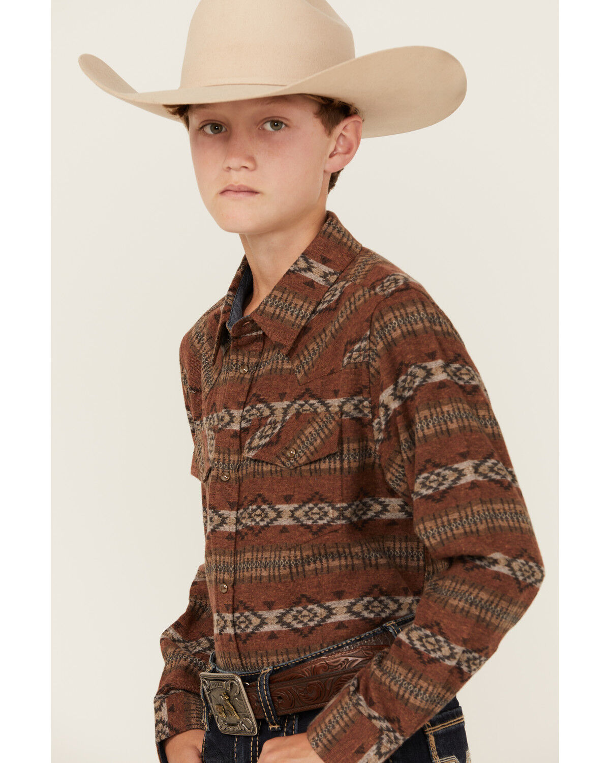 Image #2 - Cody James Boys' Resource Southwestern Print Long Sleeve Snap Flannel Shirt, Rust Copper, hi-res