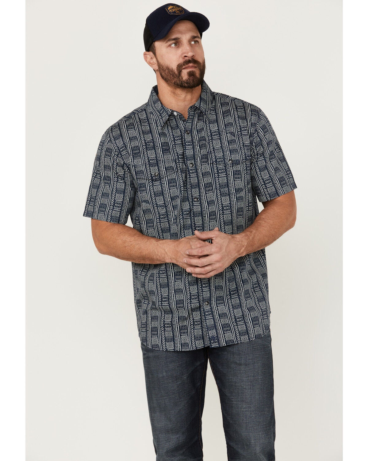 Moonshine Spirit&reg; Men's Tikki Pole Southwestern Stripe Short Sleeve Snap Western Shirt, Navy, hi-res