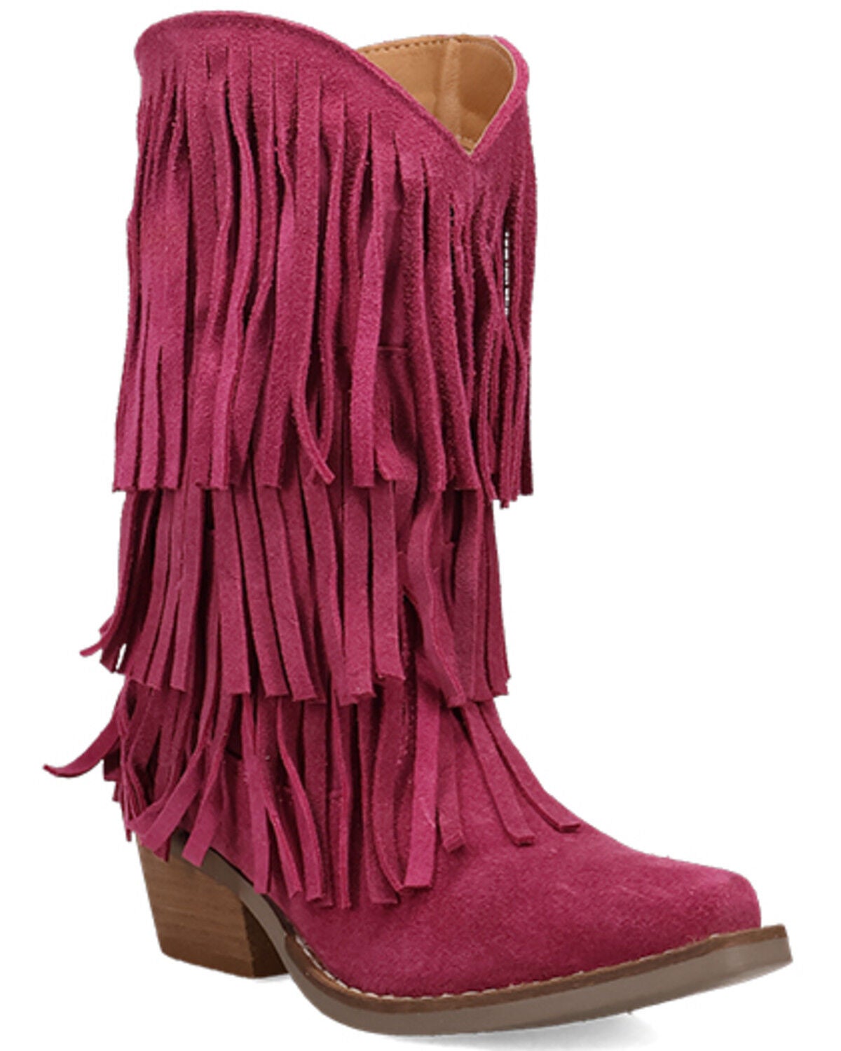 Image #1 - Dingo Girls' Wild Child Suede Fringe Western Boots - Snip Toe, Pink, hi-res