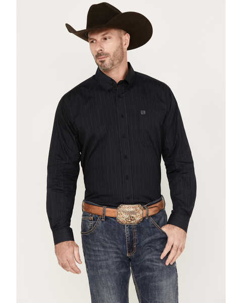 Cinch Men's Striped Print Button-Down Long Sleeve Western Shirt, Black, hi-res