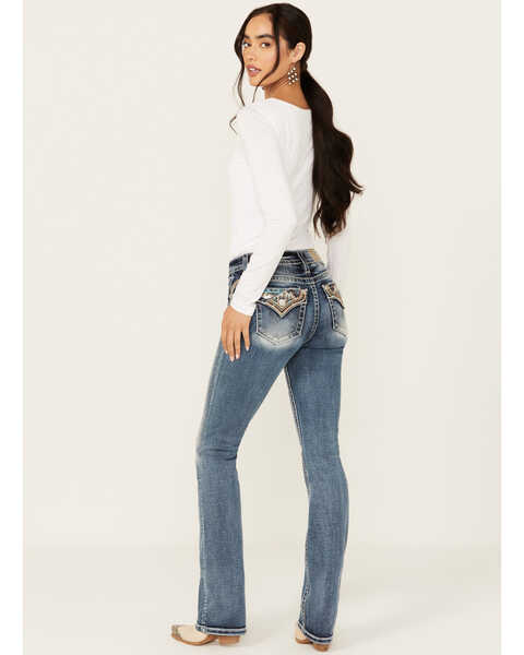Image #1 - Miss Me Women's Medium Wash Mid Rise Geo Pocket Slim Stretch Bootcut Jeans , Medium Wash, hi-res