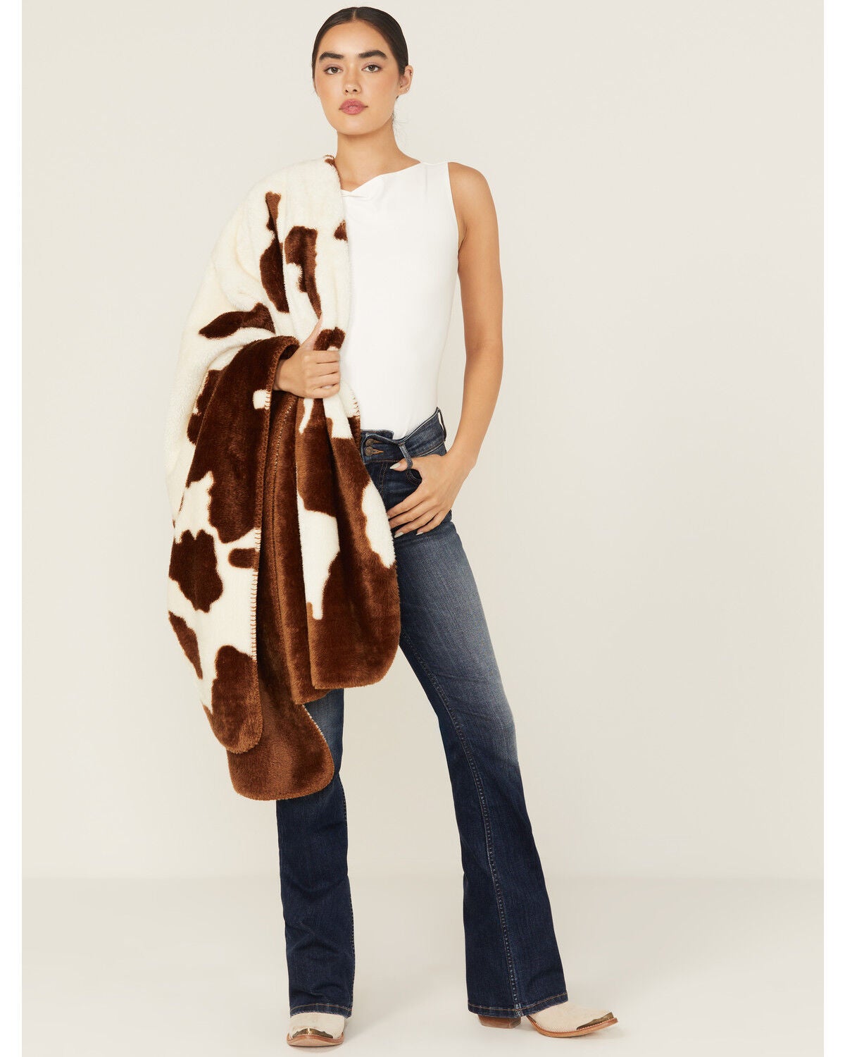 Boot Barn Cow Print Fleece Blanket, Brown, hi-res