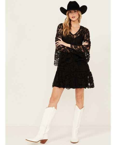 Image #1 - Scully Women's Lace Crochet Long Bell Sleeve Mini Dress , Black, hi-res