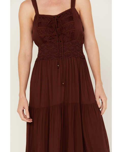 Image #3 - Angie Women's Crochet Lace-Up Maxi Dress, Brown, hi-res
