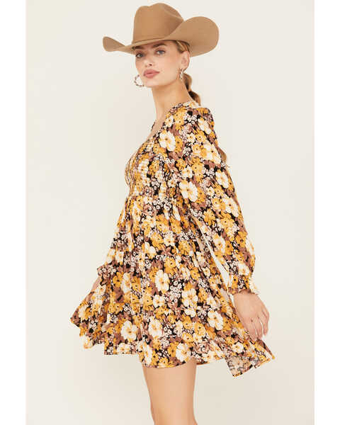 Image #2 - Wild Moss Women's Floral Print Long Sleeve Mini Dress, Mustard, hi-res