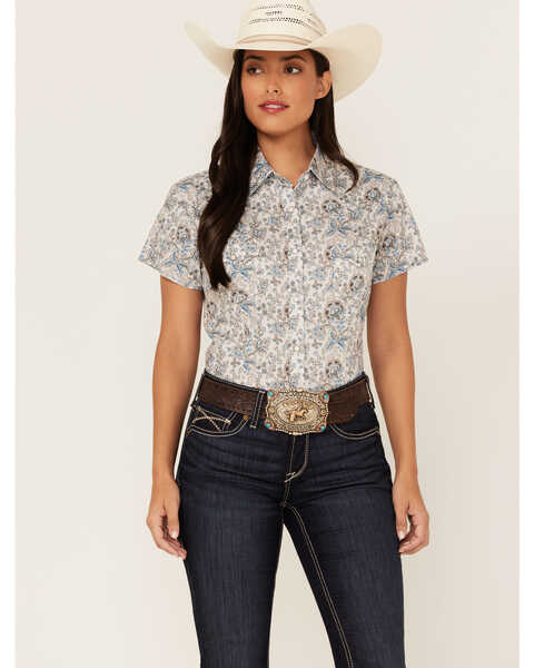 Rough Stock by Panhandle Women's Floral Print Short Sleeve Snap Western Shirt, Ivory, hi-res