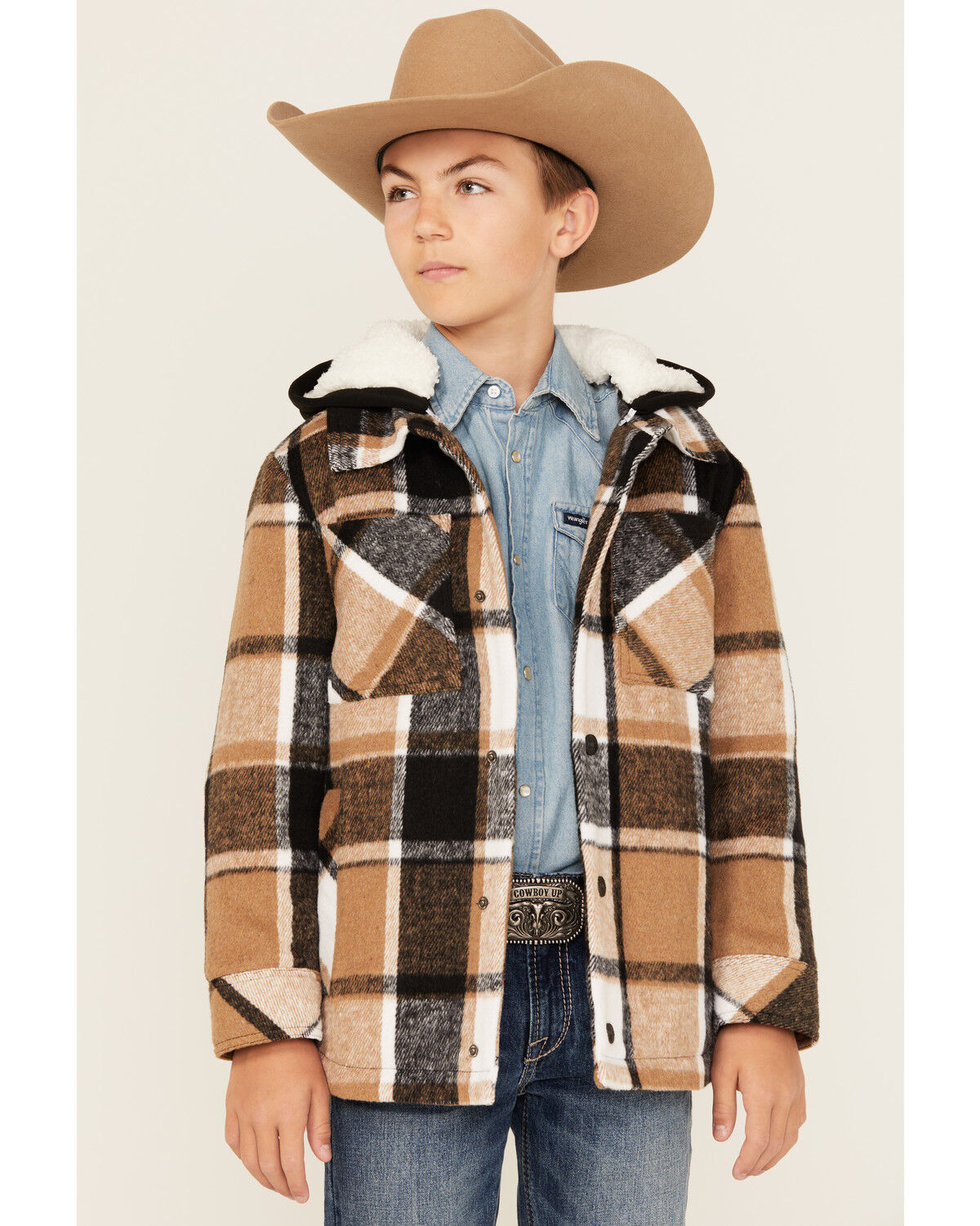Image #1 - Urban Republic Boys' Plaid Print Sherpa Lined Snap Hooded Shacket, Brown, hi-res