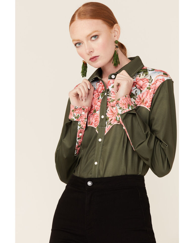 Ranch Dress'n Women's First Date Floral Yoke Long Sleeve Western Shirt, Green, hi-res