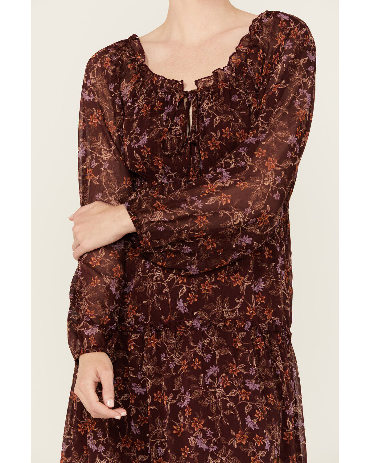 Image #3 - Wild Moss Women's Floral Print Long Sleeve Mini Dress, Burgundy, hi-res