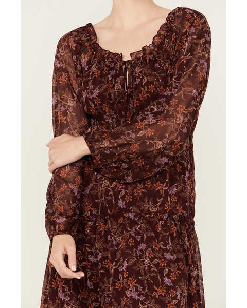 Image #3 - Wild Moss Women's Floral Print Long Sleeve Dress, Burgundy, hi-res