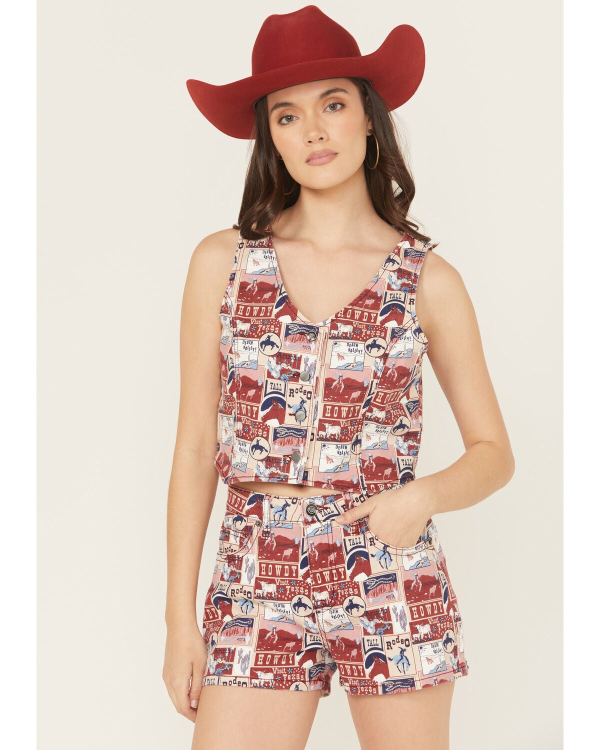 Rock & Roll Denim Women's Americana Print Button-Down Denim Vest, Red, hi-res