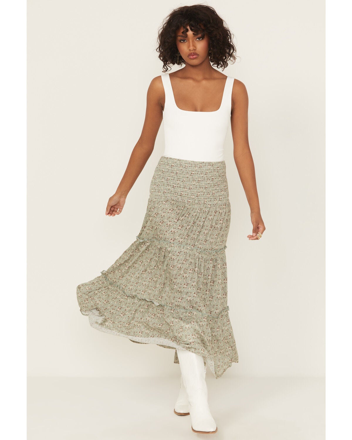 Rock & Roll Denim Women's Floral Print Tiered Maxi Skirt, Jade, hi-res