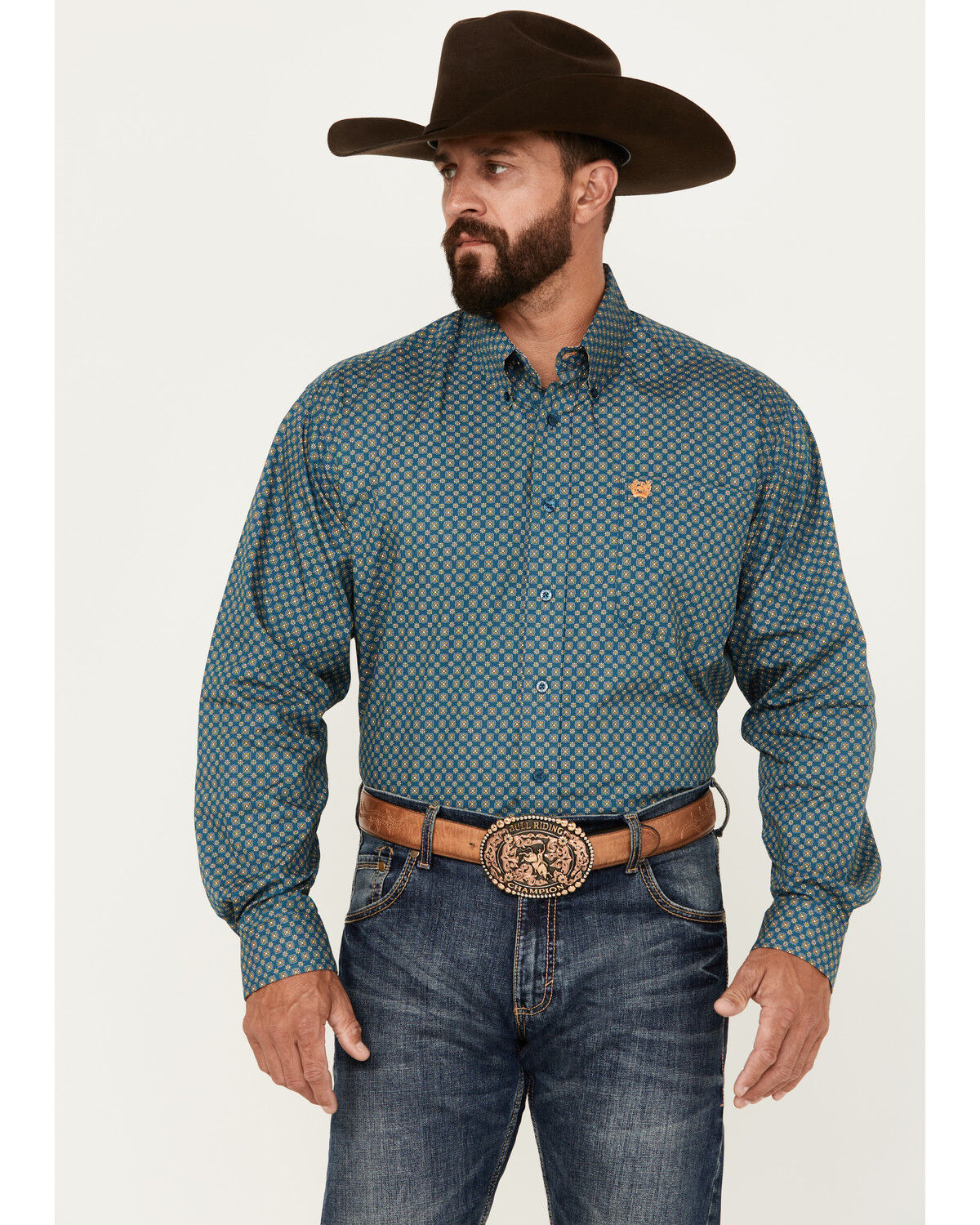 Image #1 - Cinch Men's Medallion Print Long Sleeve Button-Down Western Shirt, Teal, hi-res