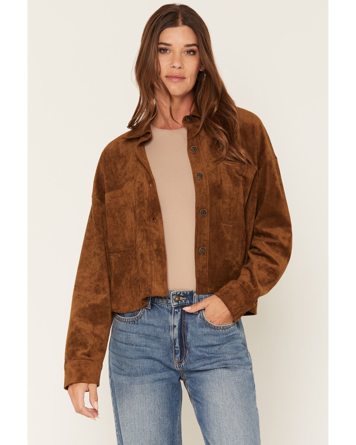 Image #1 - Z Supply Women's Faux Suede Button-Down Cropped Shacket, Tan, hi-res
