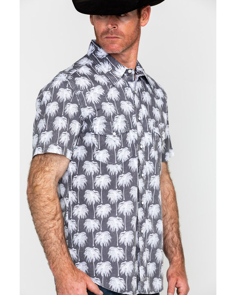 Rock & Roll Denim Men's Crinkle Washed Palm Print Short Sleeve Western Shirt , Grey, hi-res