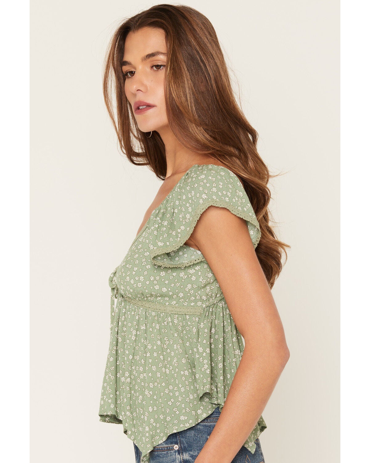 Image #2 - Wild Moss Women's Floral Print Hanky Hem Short Sleeve Top, Sage, hi-res