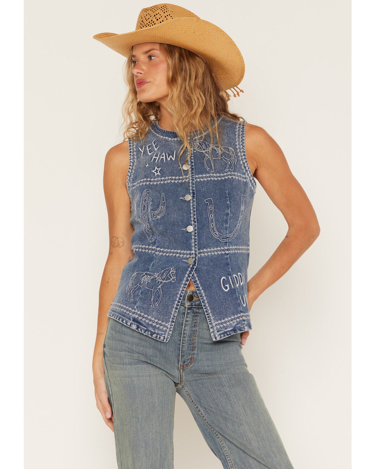 Image #1 - Blue B Women's Boot Barn Exclusive Embroidered Western Motif Denim Top, Medium Wash, hi-res