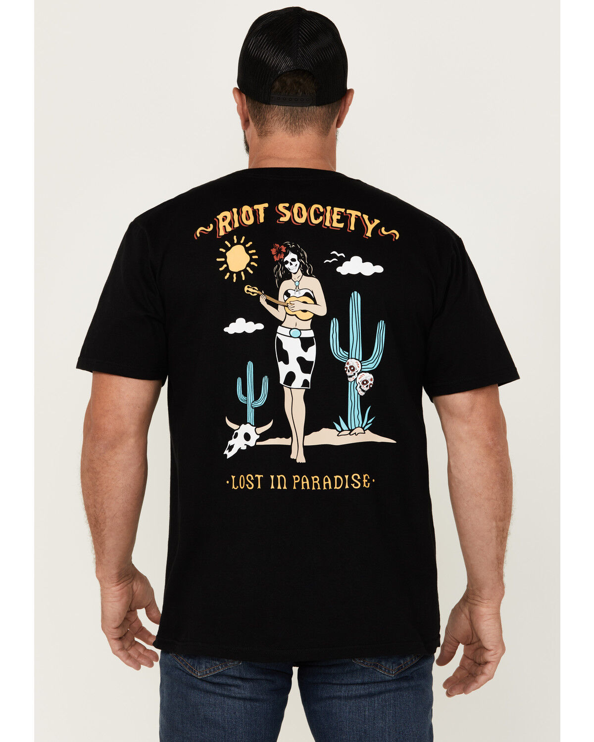 Image #1 - Riot Society Men's Boot Barn Exclusive Lost in Paradise Short Sleeve Graphic T-Shirt, Black, hi-res