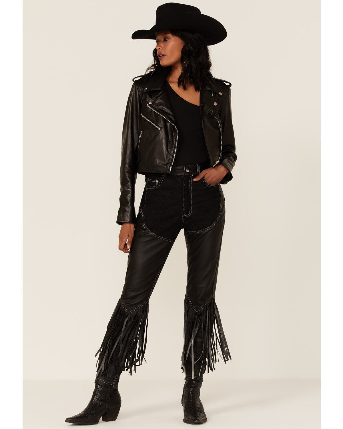 Understated Leather Women's Cowboy Denim & Leather Fringe Chap Jeans, Black, hi-res
