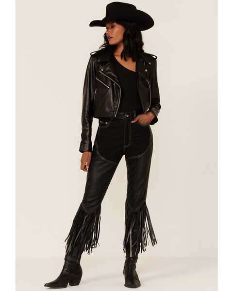 Image #1 - Understated Leather Women's Cowboy Denim & Leather Fringe Chap Jeans , Black, hi-res