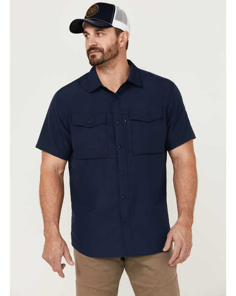 Brothers and Sons Men's Solid Dobby Performance Short Sleeve Button-Down Western Shirt , Navy, hi-res