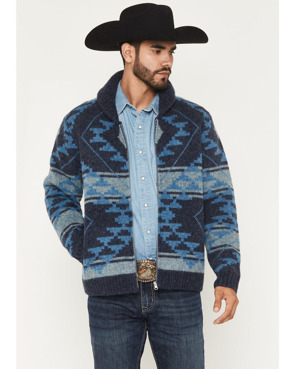 Image #1 - Cody James Men's Carson Southwestern Print Full Zip Wool Sweater, Navy, hi-res