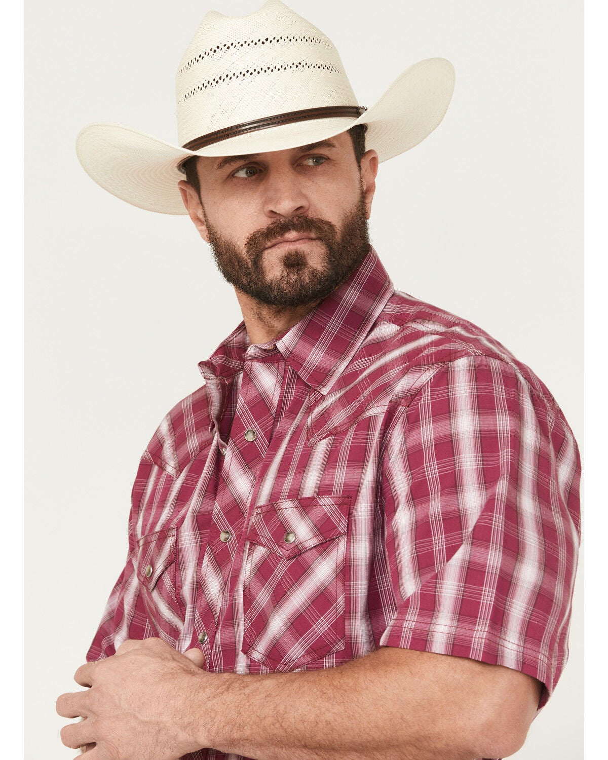 Image #2 - Wrangler 20X Men's Plaid Print Short Sleeve Snap Stretch Western Shirt - Tall, Wine, hi-res