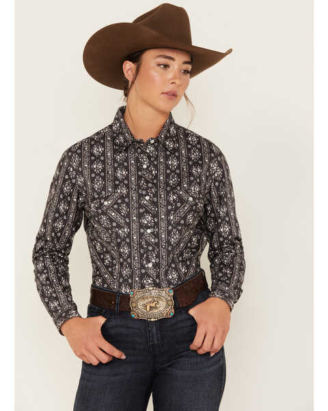 Rough Stock by Panhandle Women's Southwestern Print Long Sleeve Snap Western Shirt, Black, hi-res