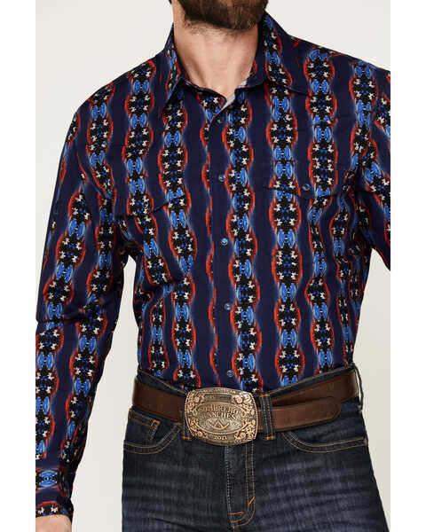 Image #3 - Wrangler Men's Southwestern Print Long Sleeve Snap Western Shirt, Blue, hi-res