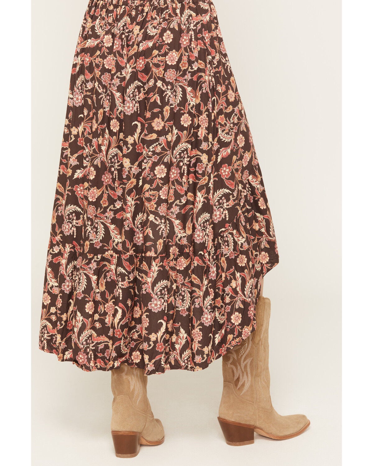 Image #4 - Shyanne Women's Dunham Floral Print High-Low Ruffle Hem Midi Skirt, Cognac, hi-res