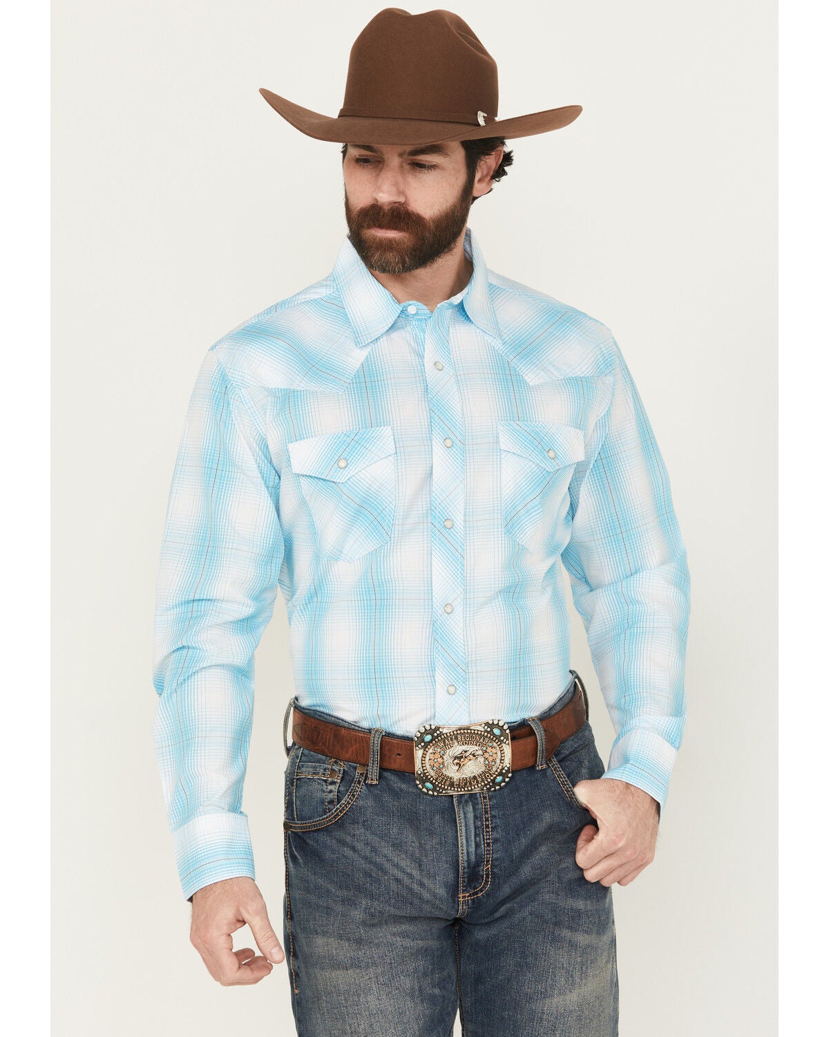 Wrangler Men's 20X Plaid Print Long Sleeve Snap Stretch Western Shirt, Turquoise, hi-res