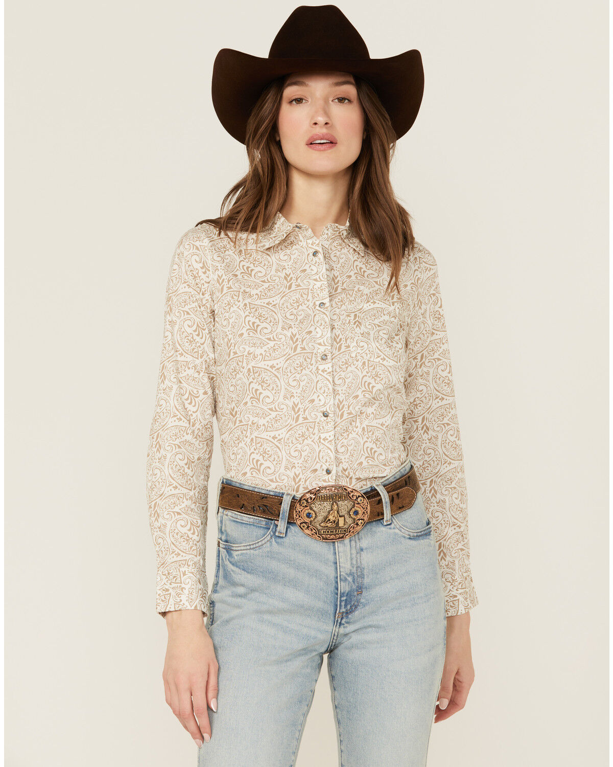 Image #1 - Shyanne Women's Paisley Print Long Sleeve Snap Stretch Western Shirt, Off White, hi-res