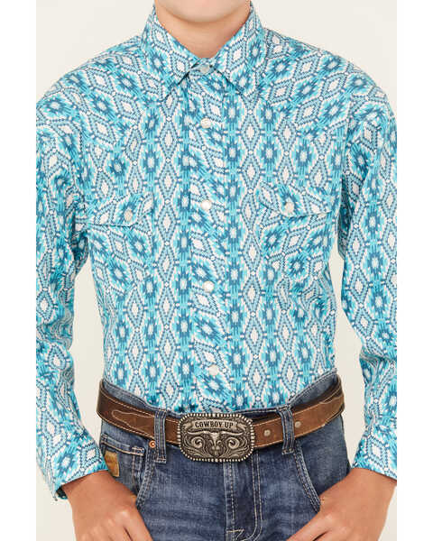 Image #3 - Rock & Roll Denim Boys' Southwestern Print Long Sleeve Pearl Snap Western Shirt, Turquoise, hi-res