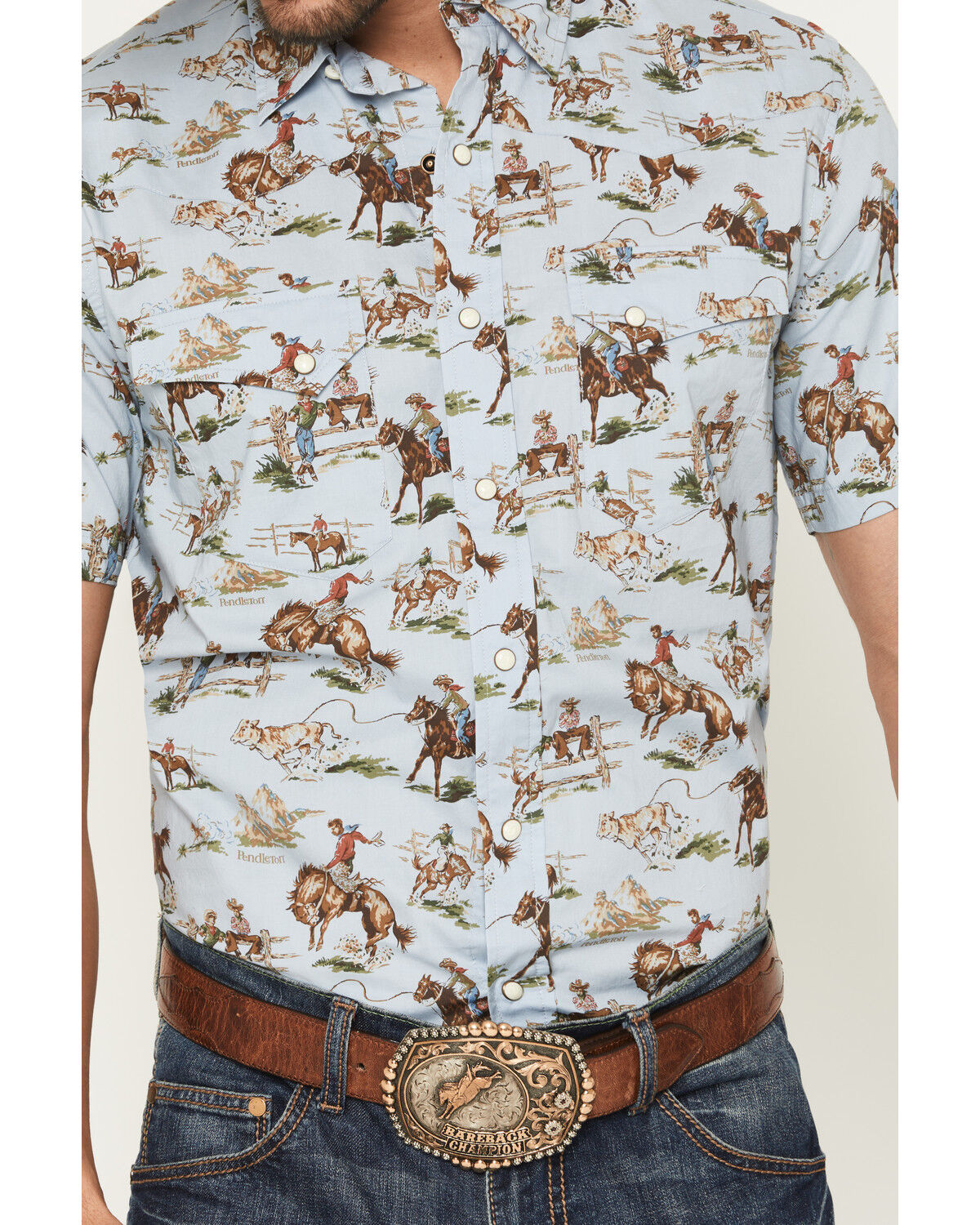 Image #3 - Pendleton Men's Laramie Wild Horse Print Short Sleeve Snap Western Shirt, Blue, hi-res